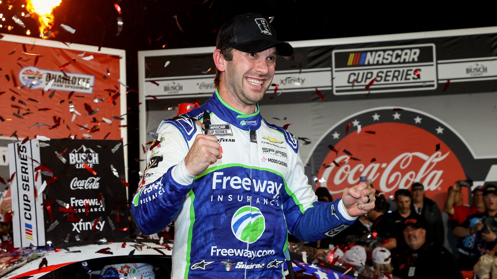 Daniel Suarez Gambles on Two Tires; Wins Rain-Shortened Coca-Cola 600